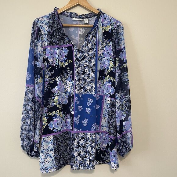 Susan Graver 1X Purple Black Floral Boho Patchwork Sheer Sleeve Blouse Ruffle - Picture 1 of 12